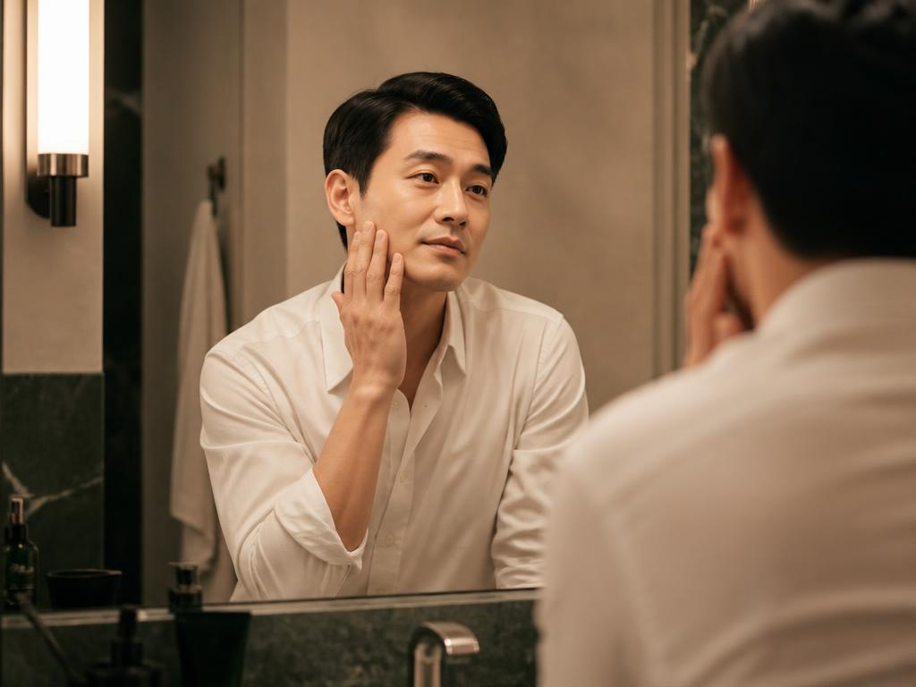 朝のスキンケアをする男性